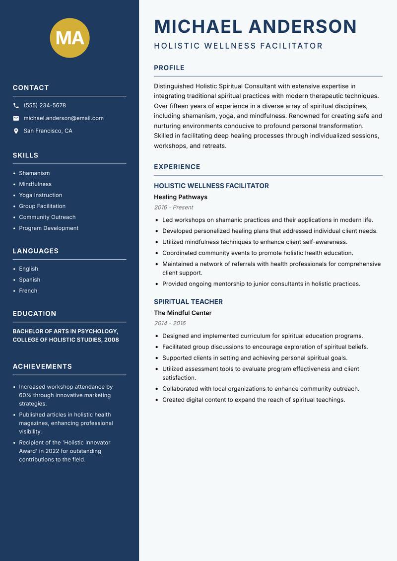 Holistic Spiritual Consultant resume template — Classic Clean