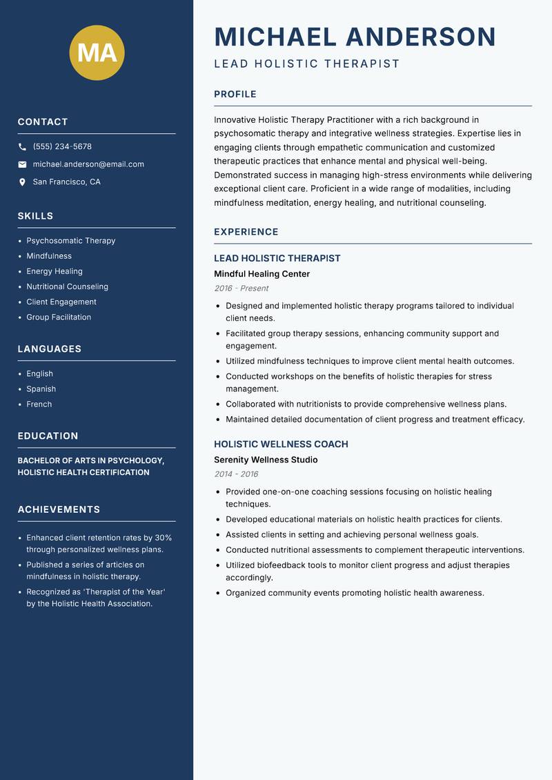 Holistic Therapy Practitioner resume template — Classic Clean