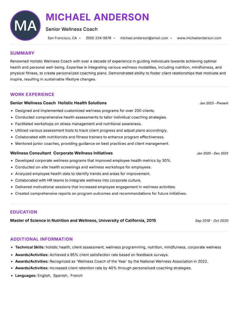 Holistic Wellness Coach resume example — ATS-friendly template