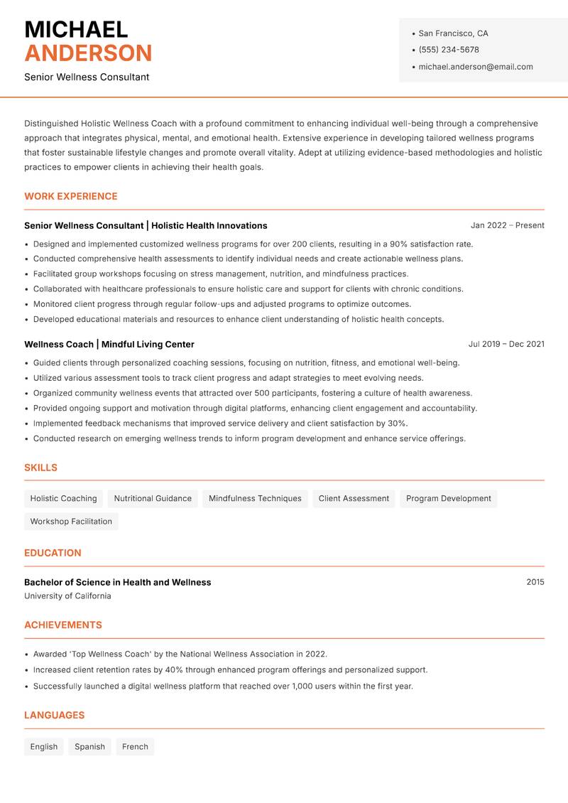 Holistic Wellness Coach resume template — Modern Professional