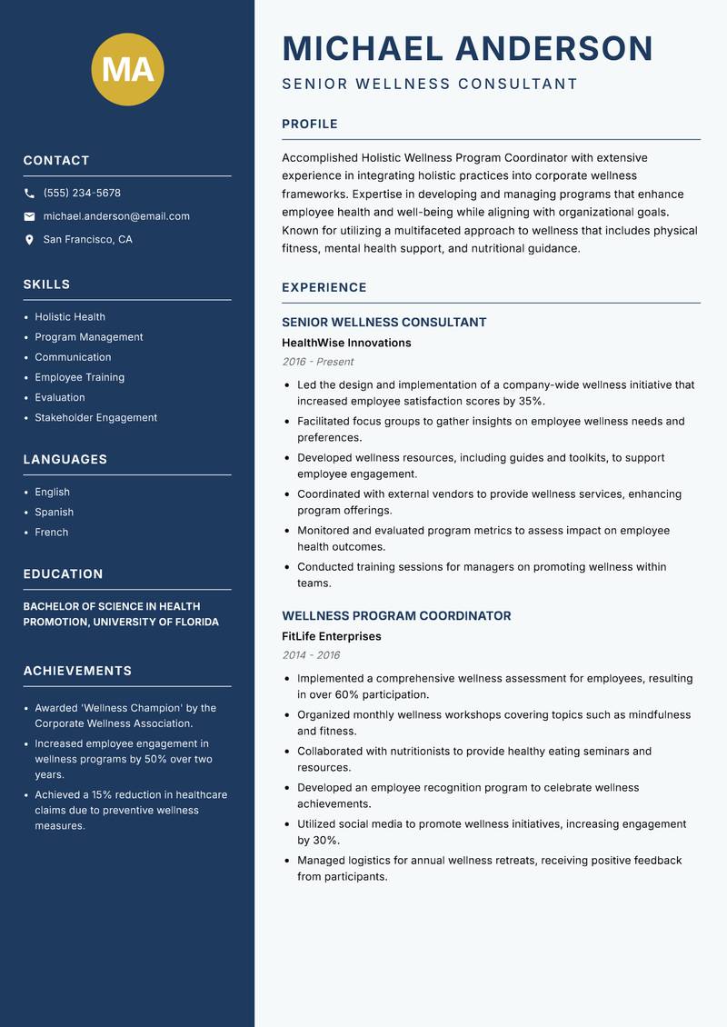 Holistic Wellness Program Coordinator resume template — Classic Clean