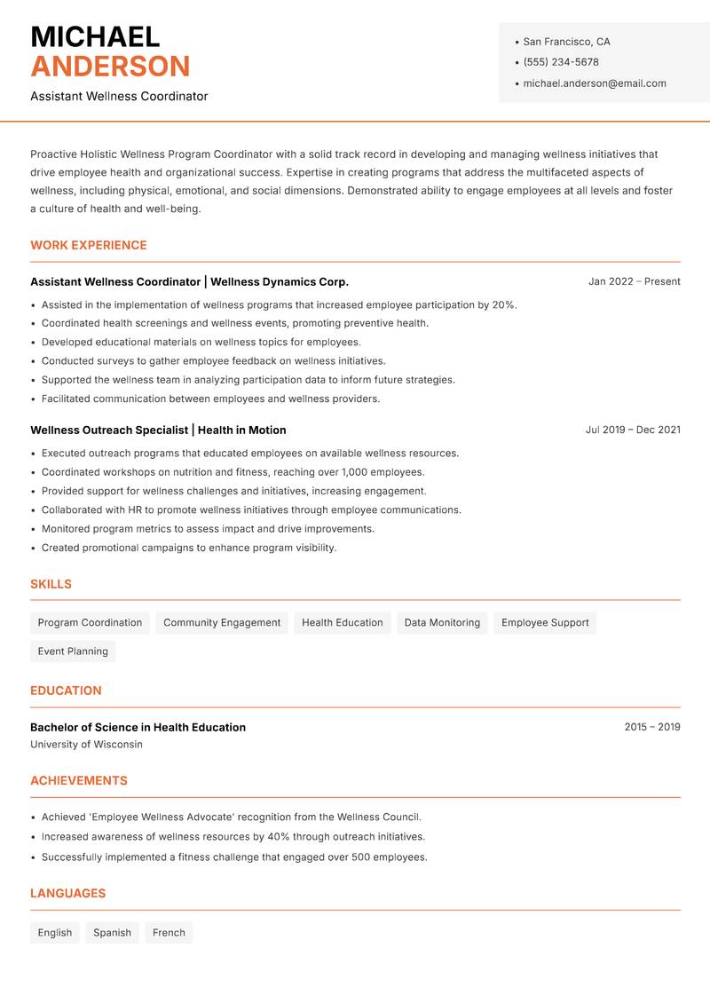 Holistic Wellness Program Coordinator resume template — Modern Professional