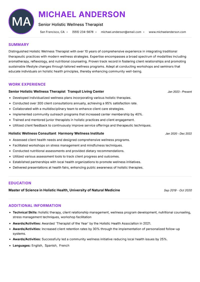 Holistic Wellness Therapist resume example — ATS-friendly template