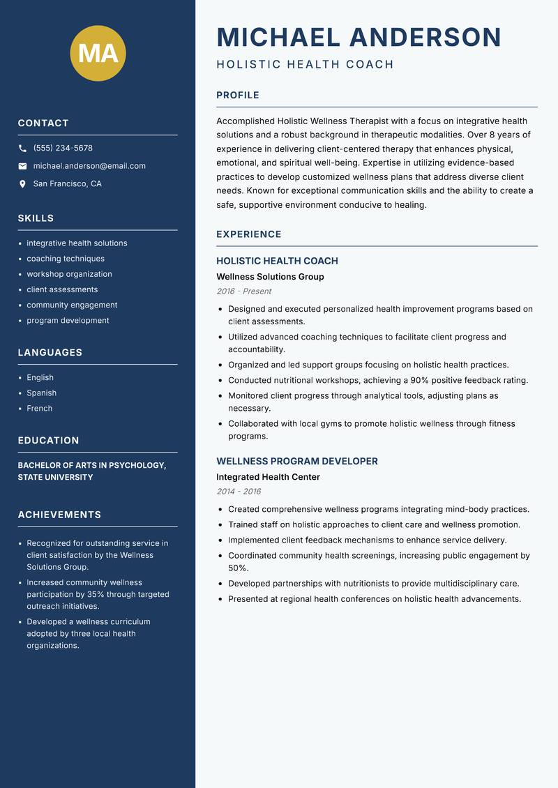 Holistic Wellness Therapist resume template — Classic Clean