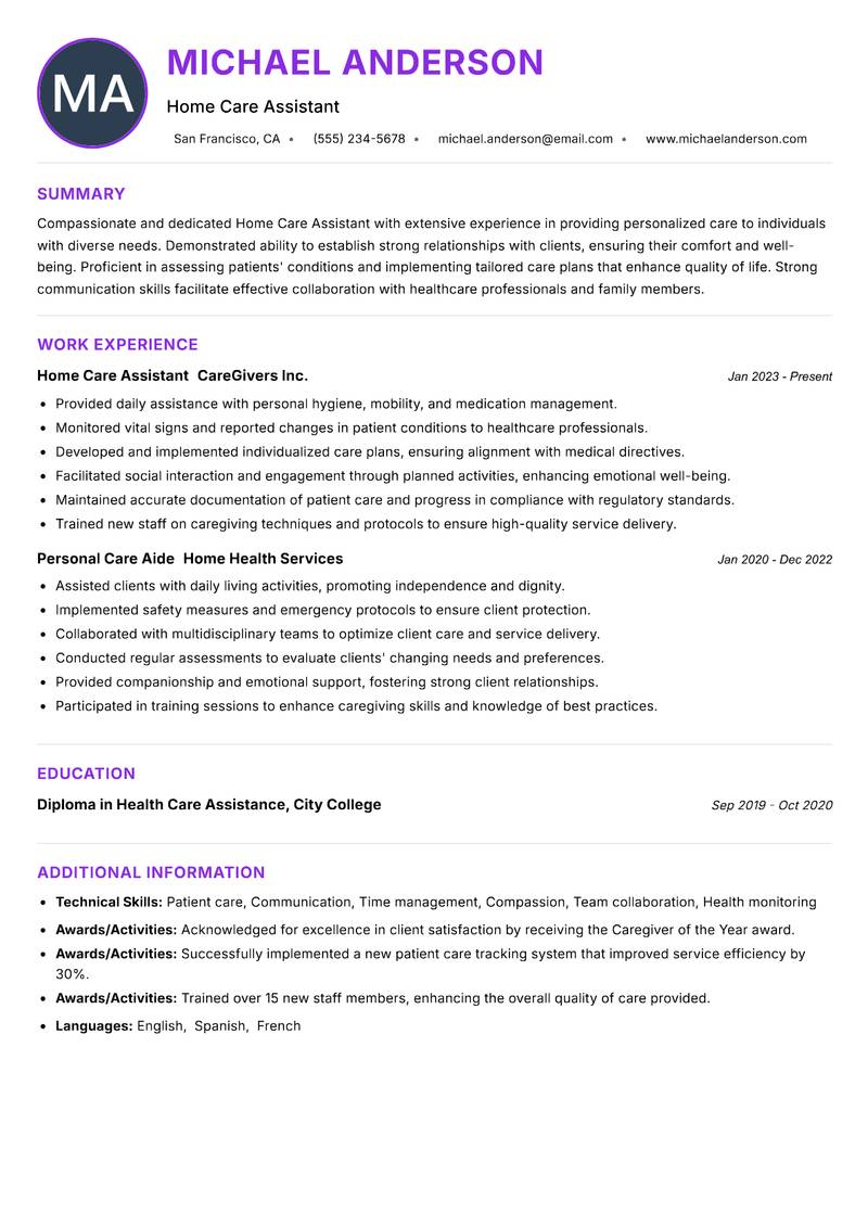 Home Care Assistant resume example — ATS-friendly template