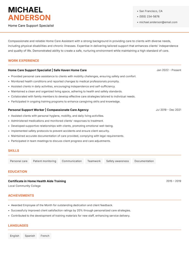 Home Care Assistant resume template — Modern Professional