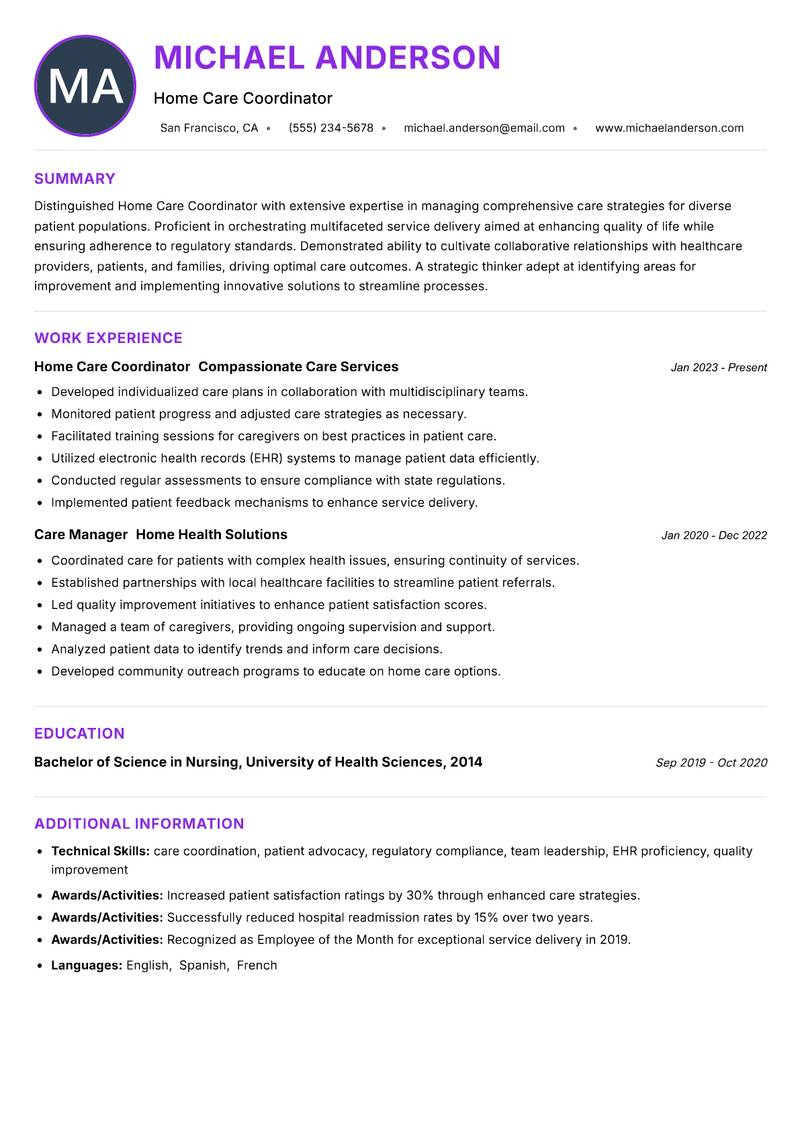 Home Care Coordinator resume example — ATS-friendly template