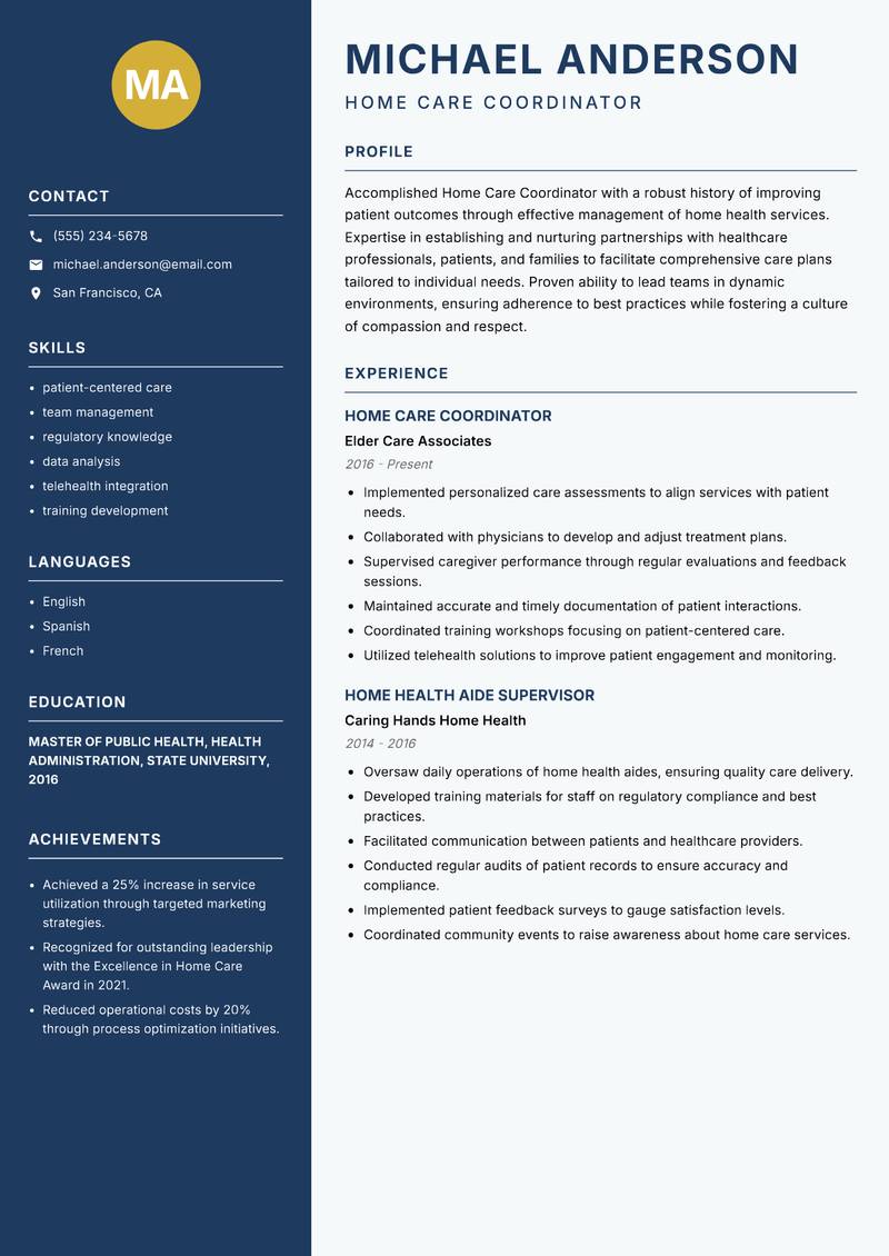 Home Care Coordinator resume template — Classic Clean