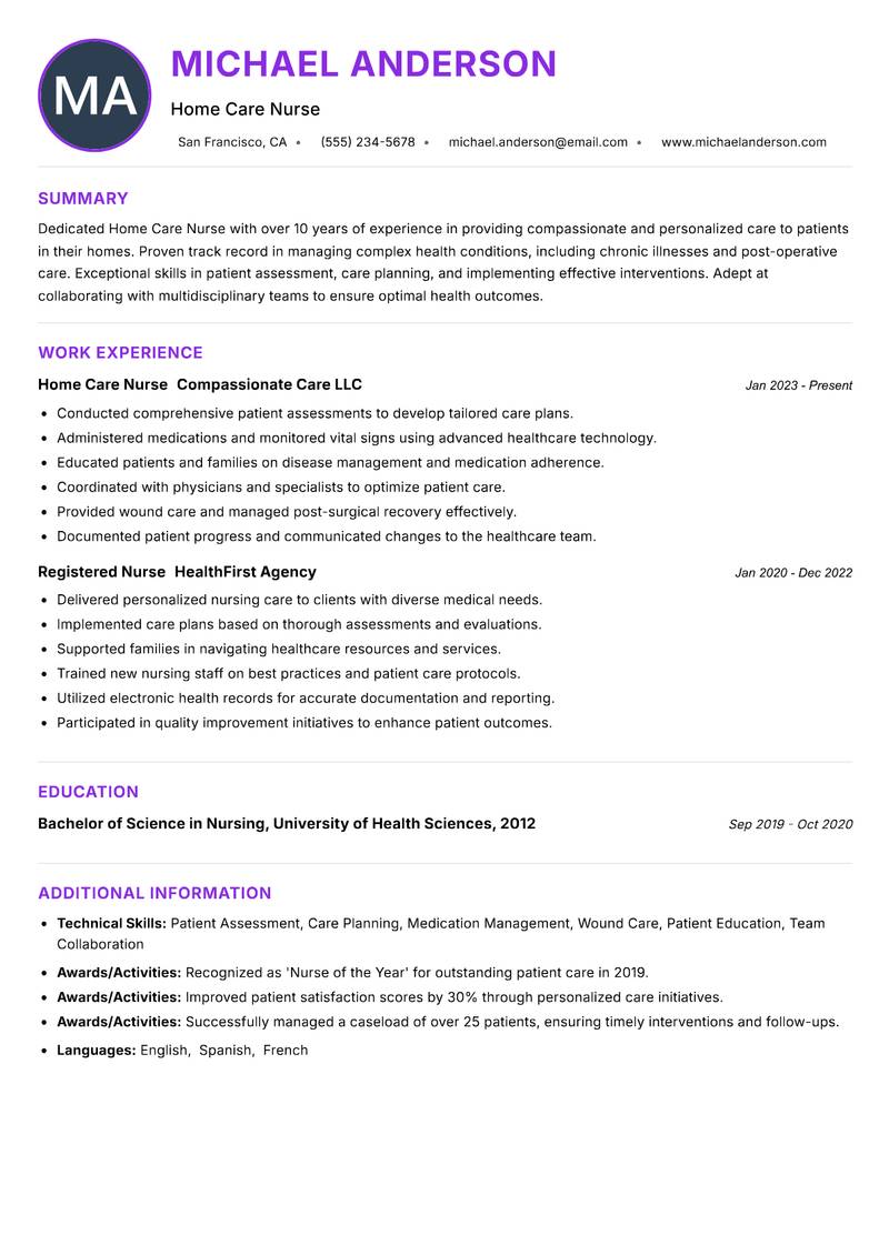Home Care Nurse resume example — ATS-friendly template