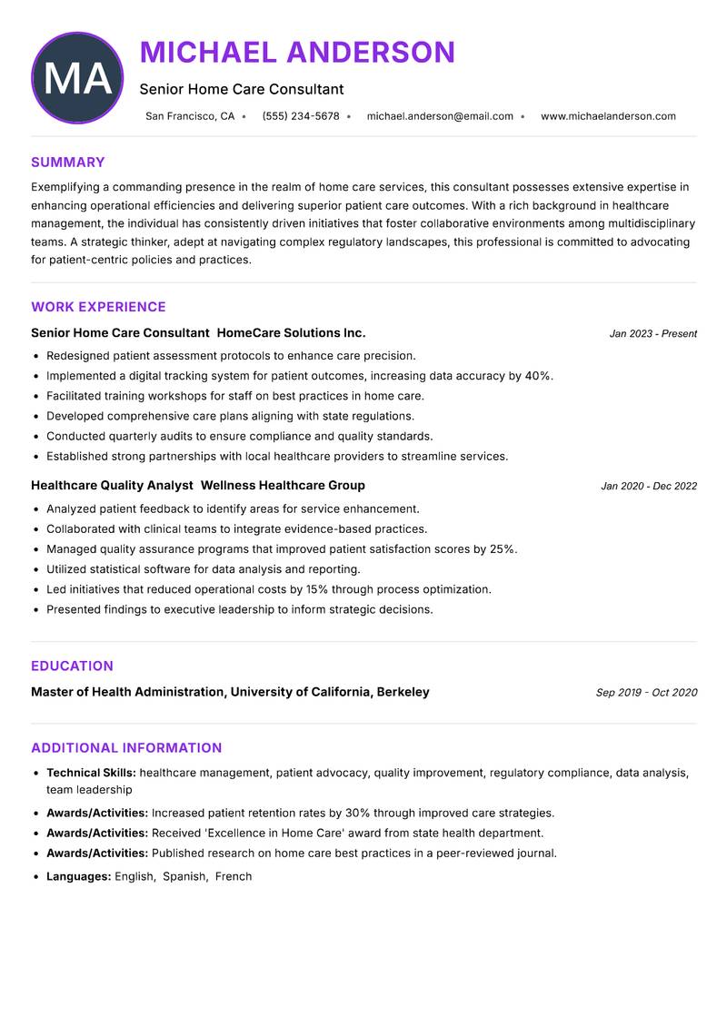Home Care Services Consultant resume example — ATS-friendly template