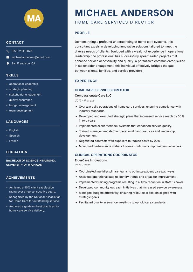Home Care Services Consultant resume template — Classic Clean