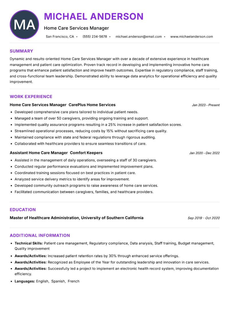 Home Care Services Manager resume example — ATS-friendly template