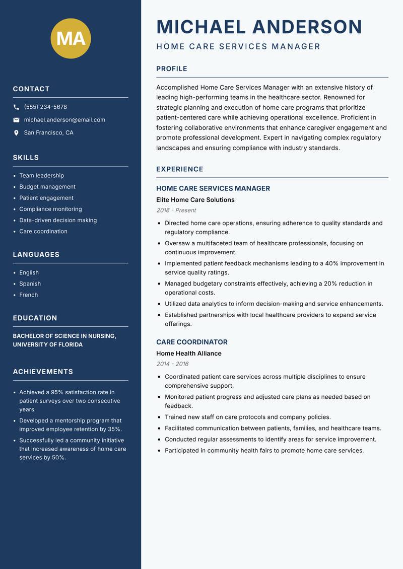 Home Care Services Manager resume template — Classic Clean