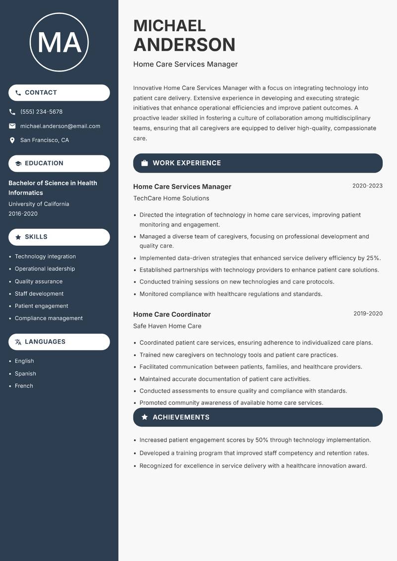 Home Care Services Manager resume template — Compact