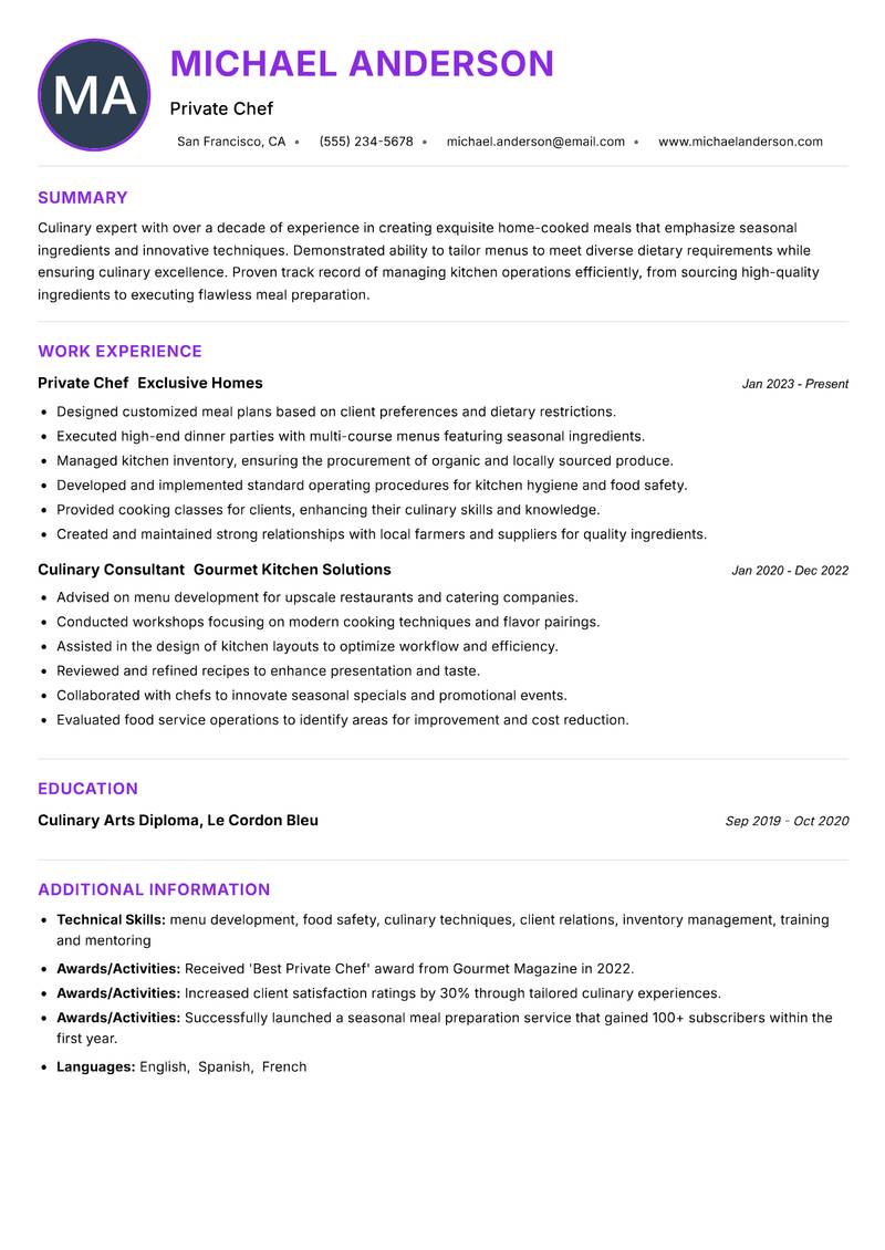 Home Cook resume example — ATS-friendly template
