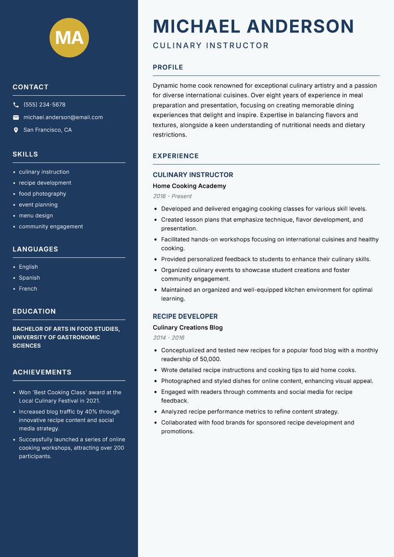 Home Cook resume template — Classic Clean