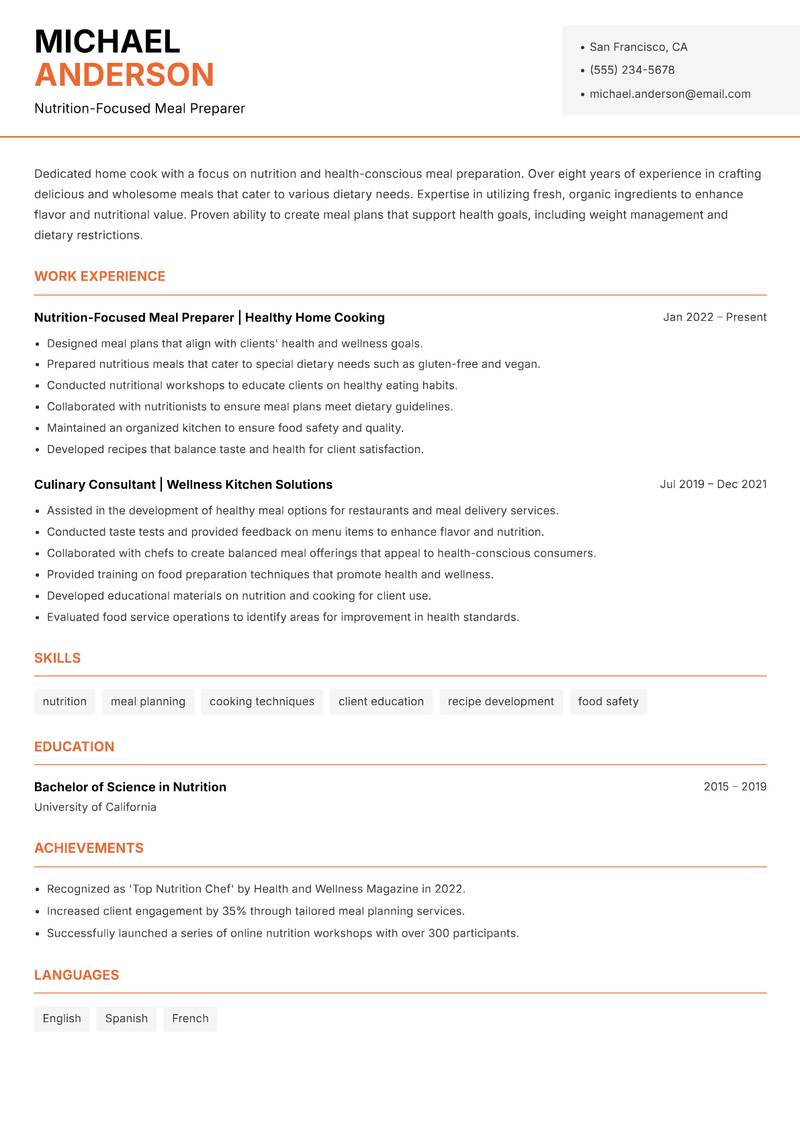 Home Cook resume template — Modern Professional