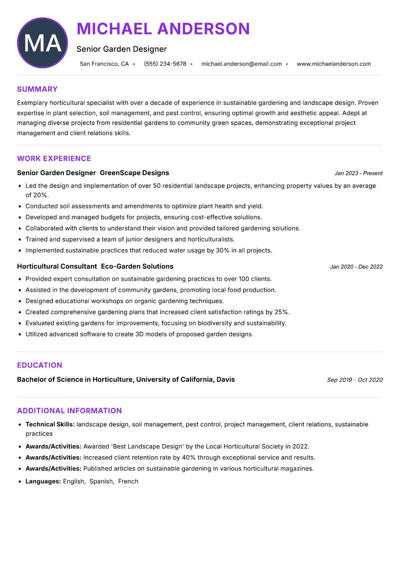 Home Garden Caretaker resume example — ATS-friendly template