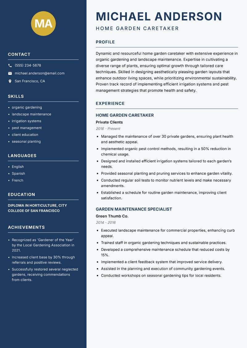 Home Garden Caretaker resume template — Classic Clean