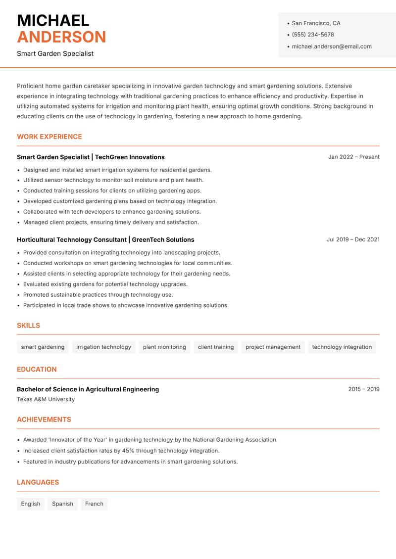 Home Garden Caretaker resume template — Modern Professional