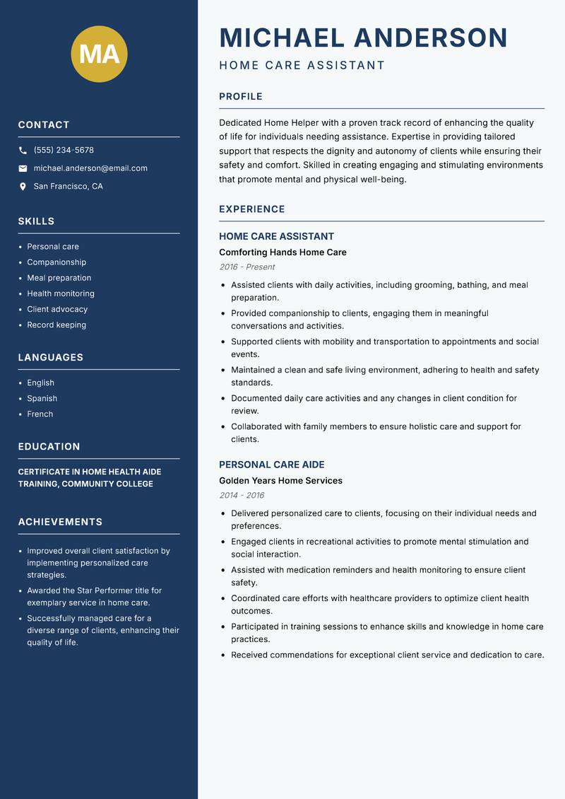 Home Helper resume template — Classic Clean