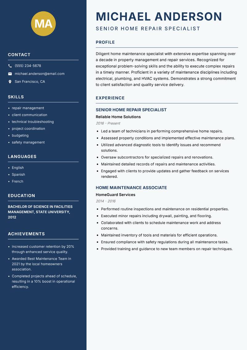 Home Maintenance Helper resume template — Classic Clean