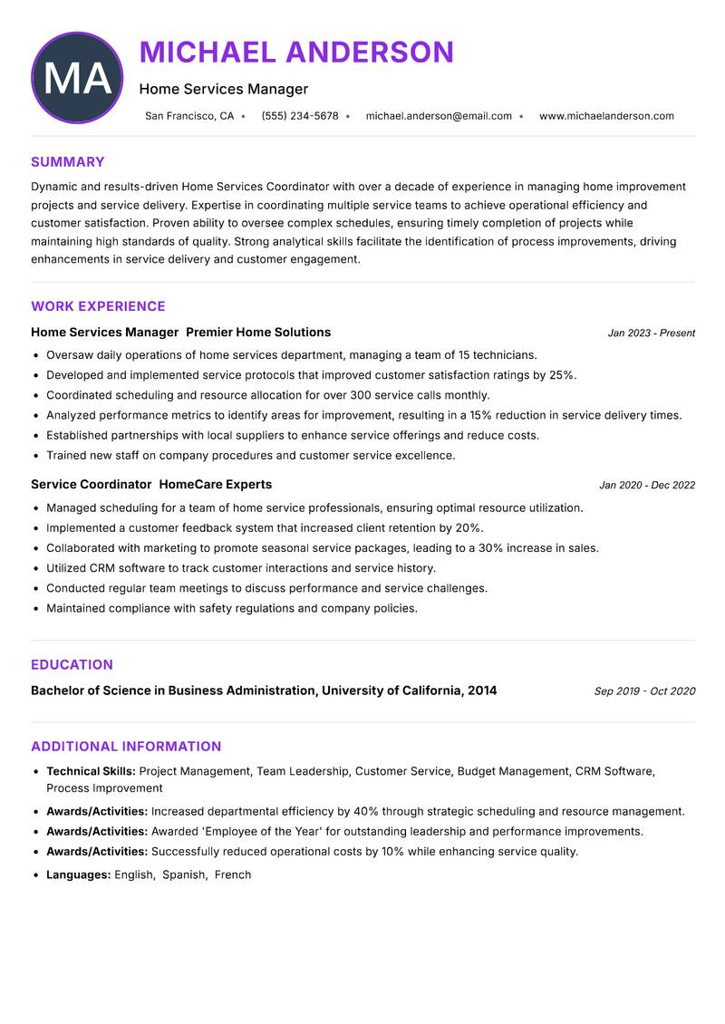 Home Services Coordinator resume example — ATS-friendly template