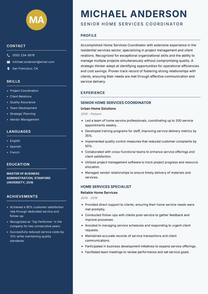 Home Services Coordinator resume template — Classic Clean