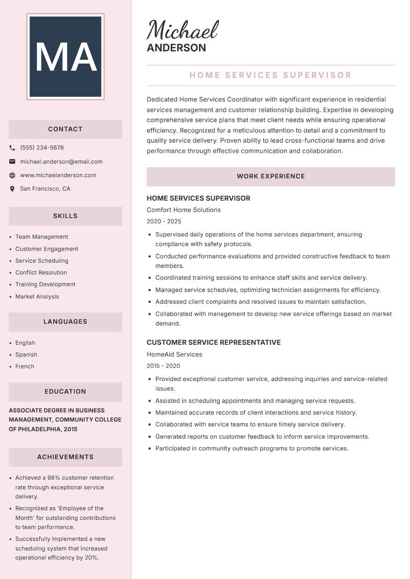 Home Services Coordinator resume template — Executive