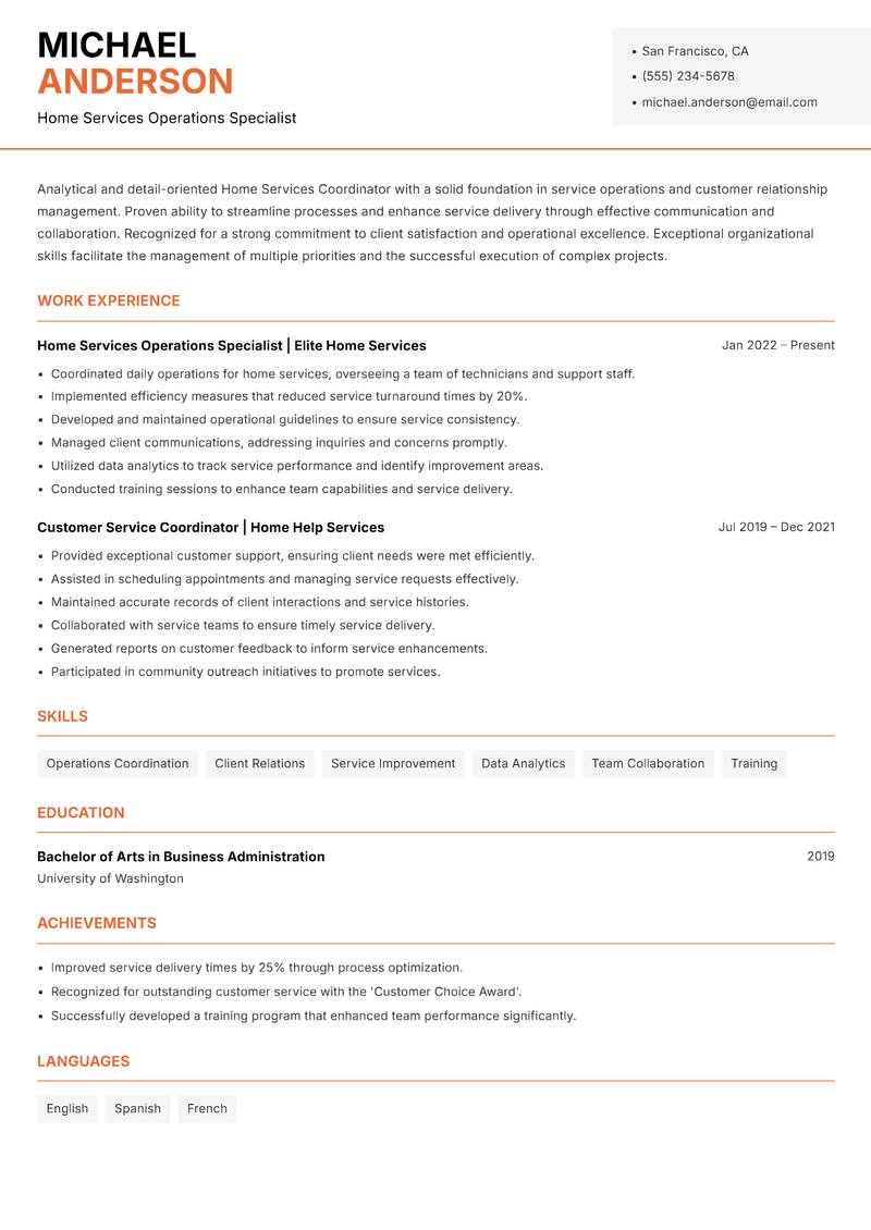 Home Services Coordinator resume template — Modern Professional