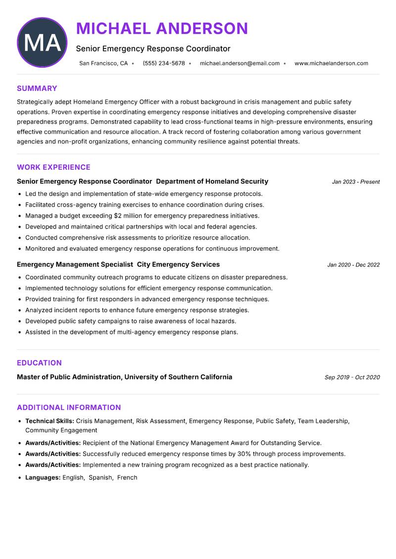 Homeland Emergency Officer resume example — ATS-friendly template