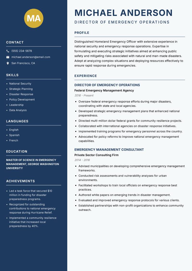 Homeland Emergency Officer resume template — Classic Clean