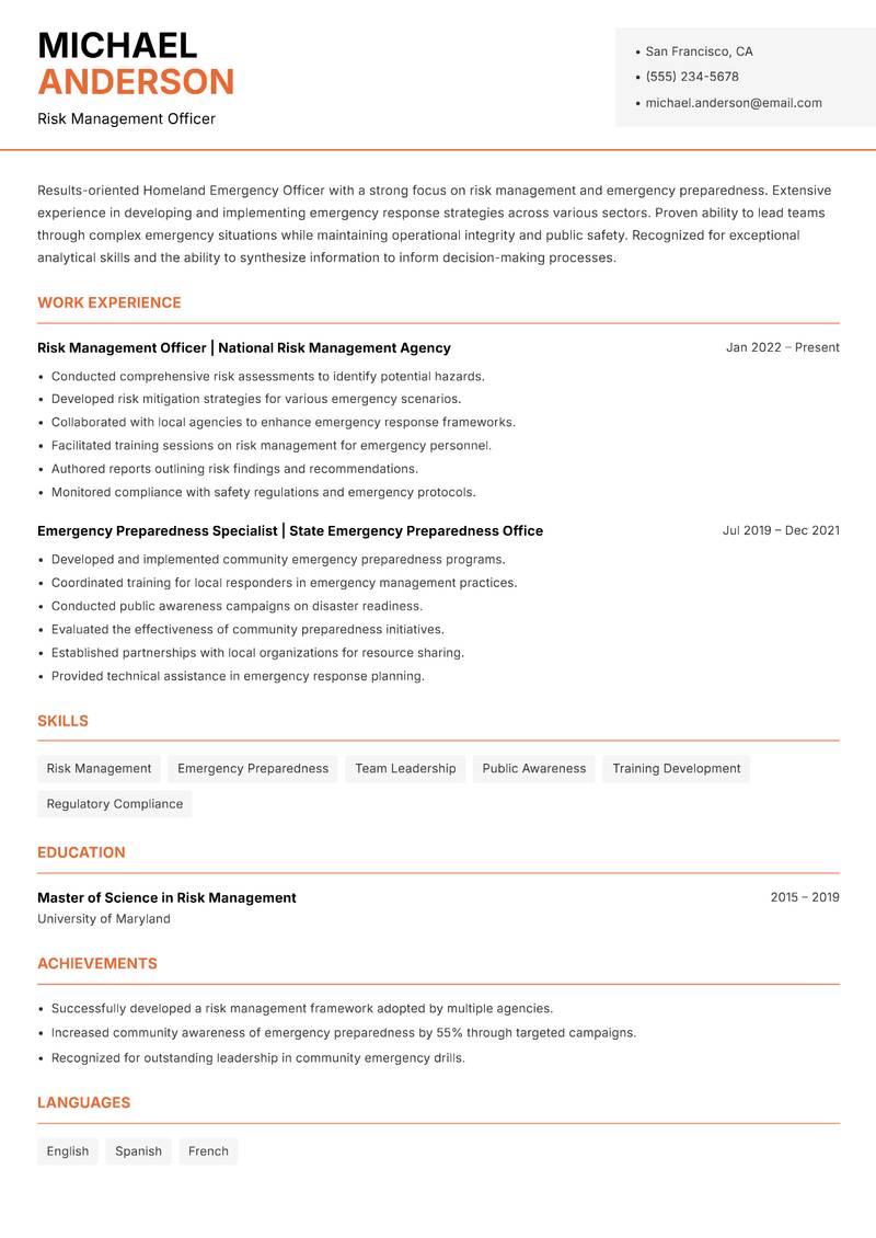 Homeland Emergency Officer resume template — Modern Professional