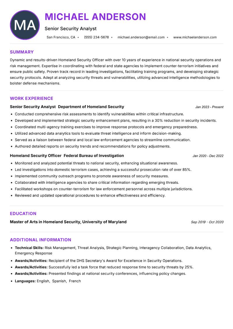 Homeland Security Officer resume example — ATS-friendly template