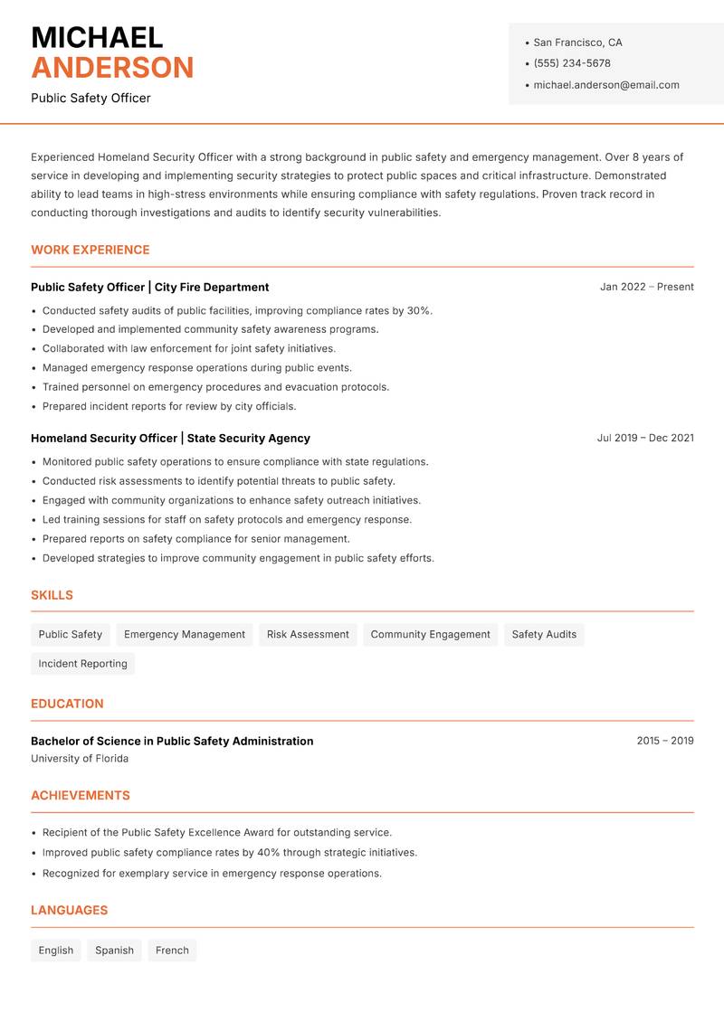 Homeland Security Officer resume template — Modern Professional