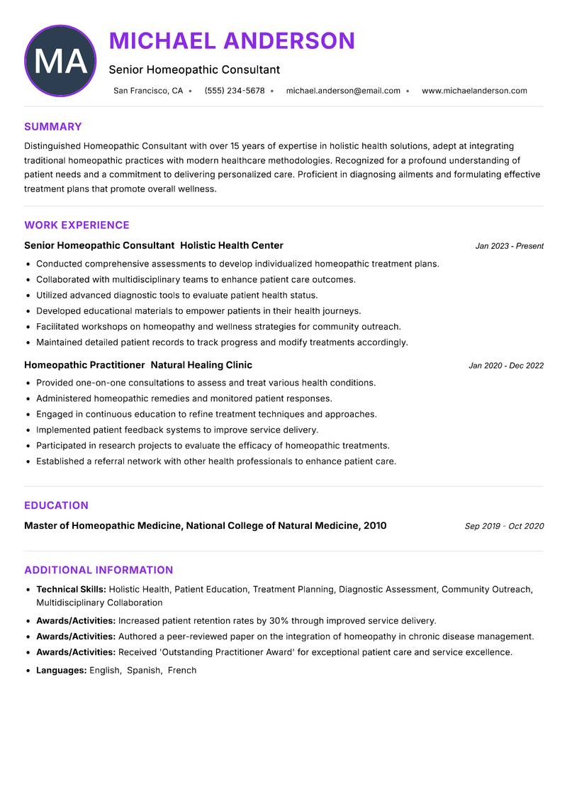 Homeopathic Consultant resume example — ATS-friendly template