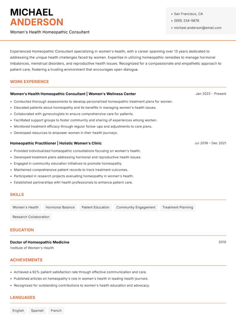 Homeopathic Consultant resume template — Modern Professional