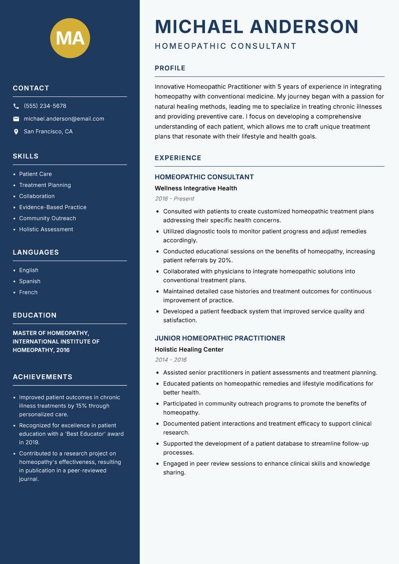 Homeopathic Practitioner resume template — Classic Clean