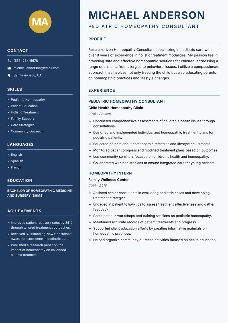 Homeopathy Consultant resume template — Classic Clean