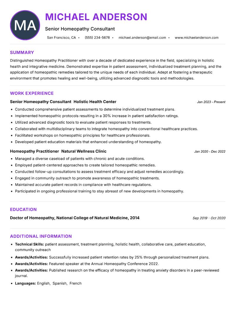 Homeopathy Practitioner resume example — ATS-friendly template