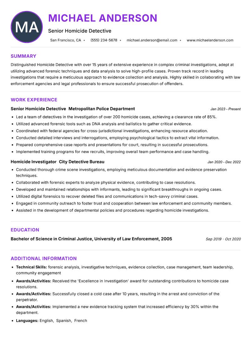 Homicide Detective resume example — ATS-friendly template