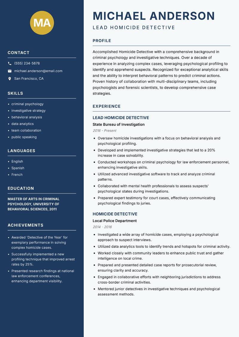 Homicide Detective resume template — Classic Clean