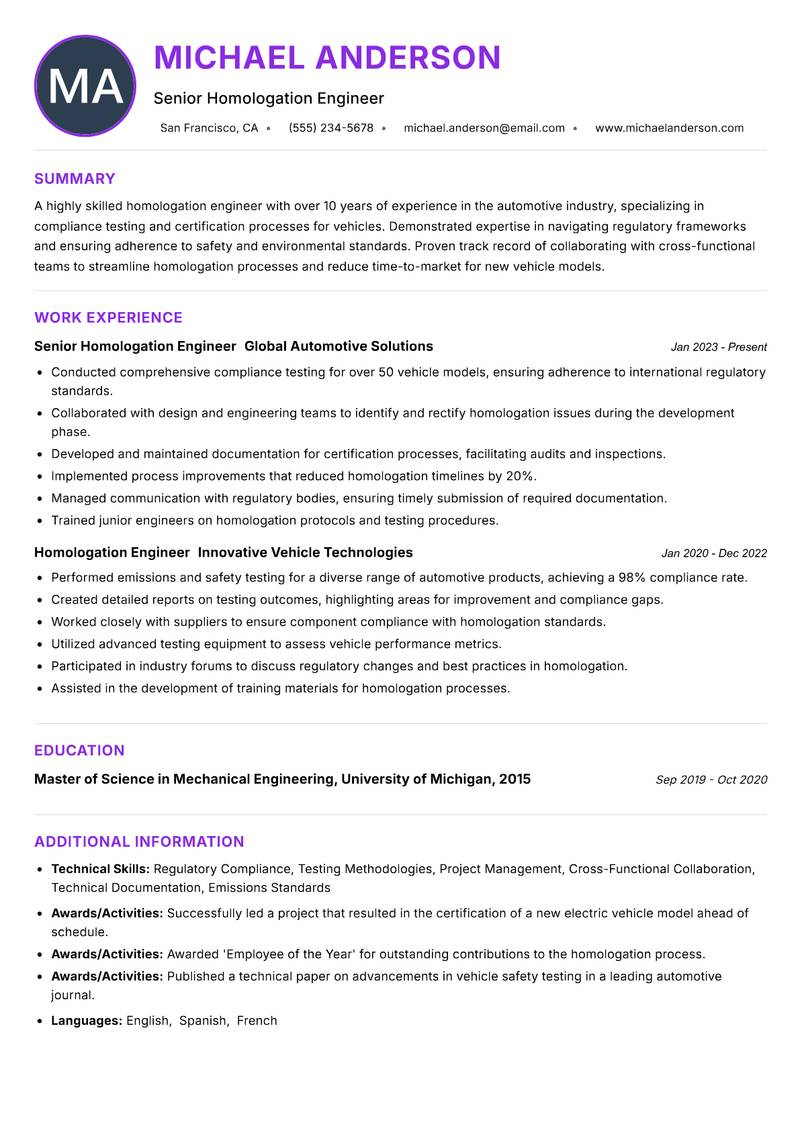Homologation Engineer resume example — ATS-friendly template