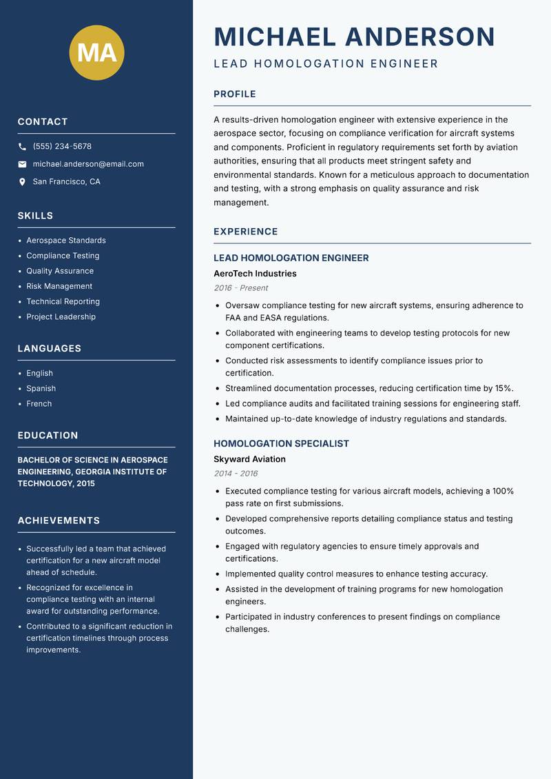 Homologation Engineer resume template — Classic Clean