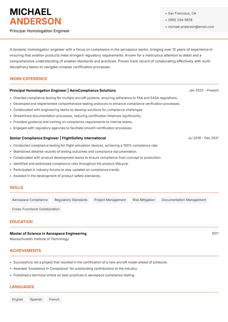 Homologation Engineer resume template — Modern Professional