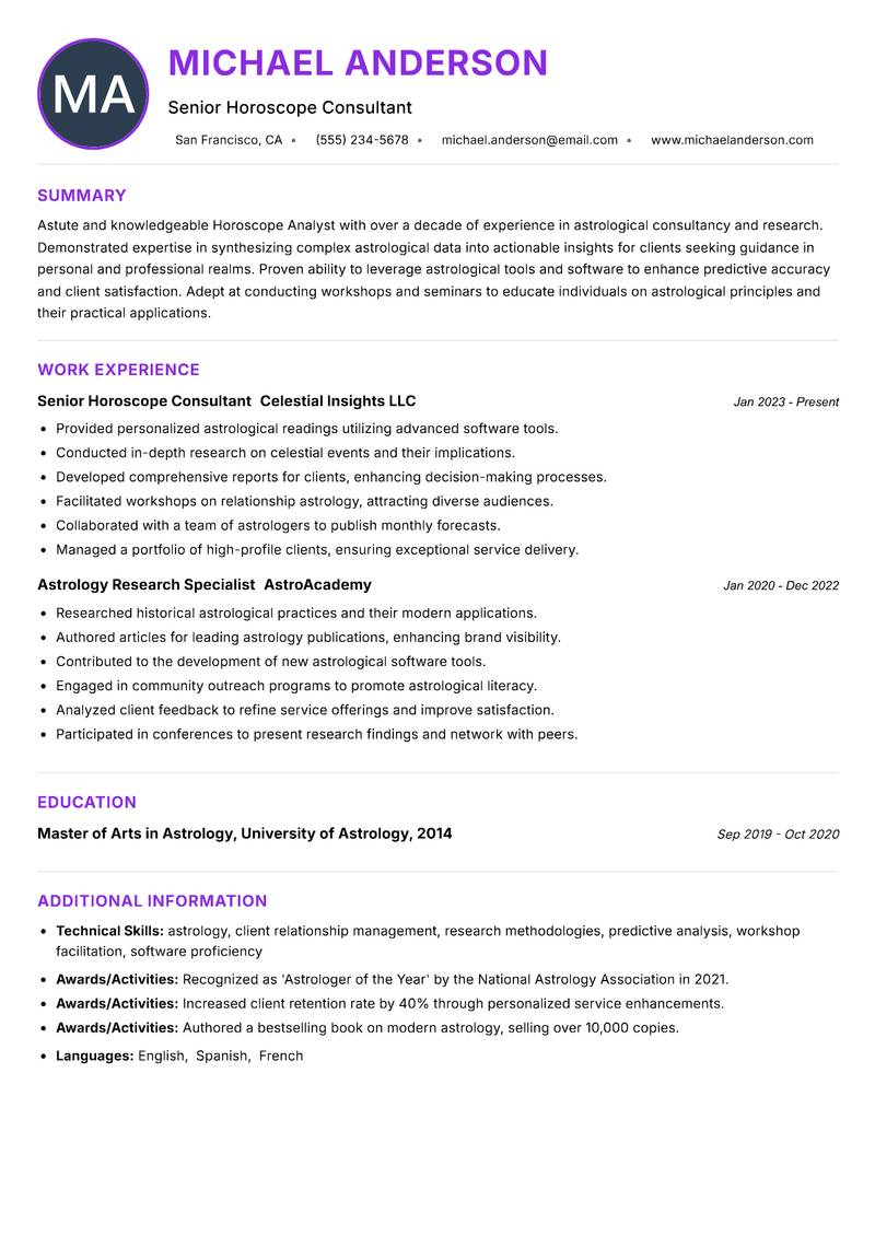 Horoscope Analyst resume example — ATS-friendly template