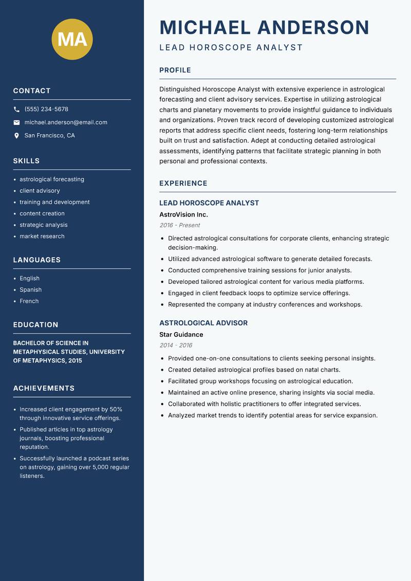Horoscope Analyst resume template — Classic Clean