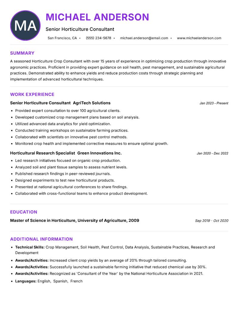 Horticulture Crop Consultant resume example — ATS-friendly template