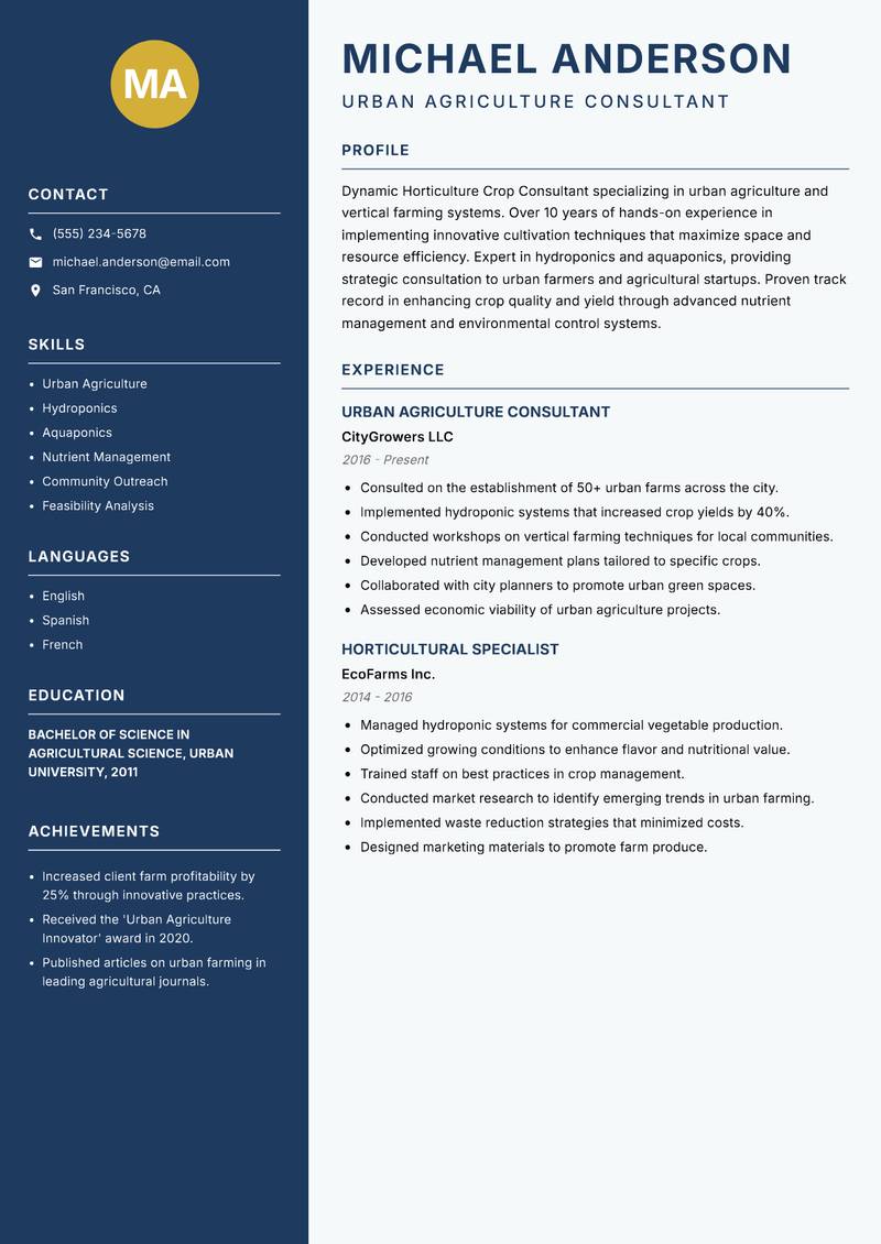 Horticulture Crop Consultant resume template — Classic Clean