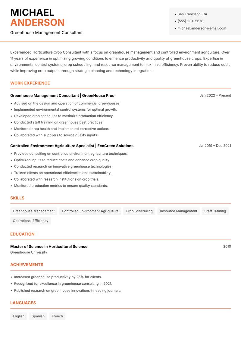 Horticulture Crop Consultant resume template — Modern Professional